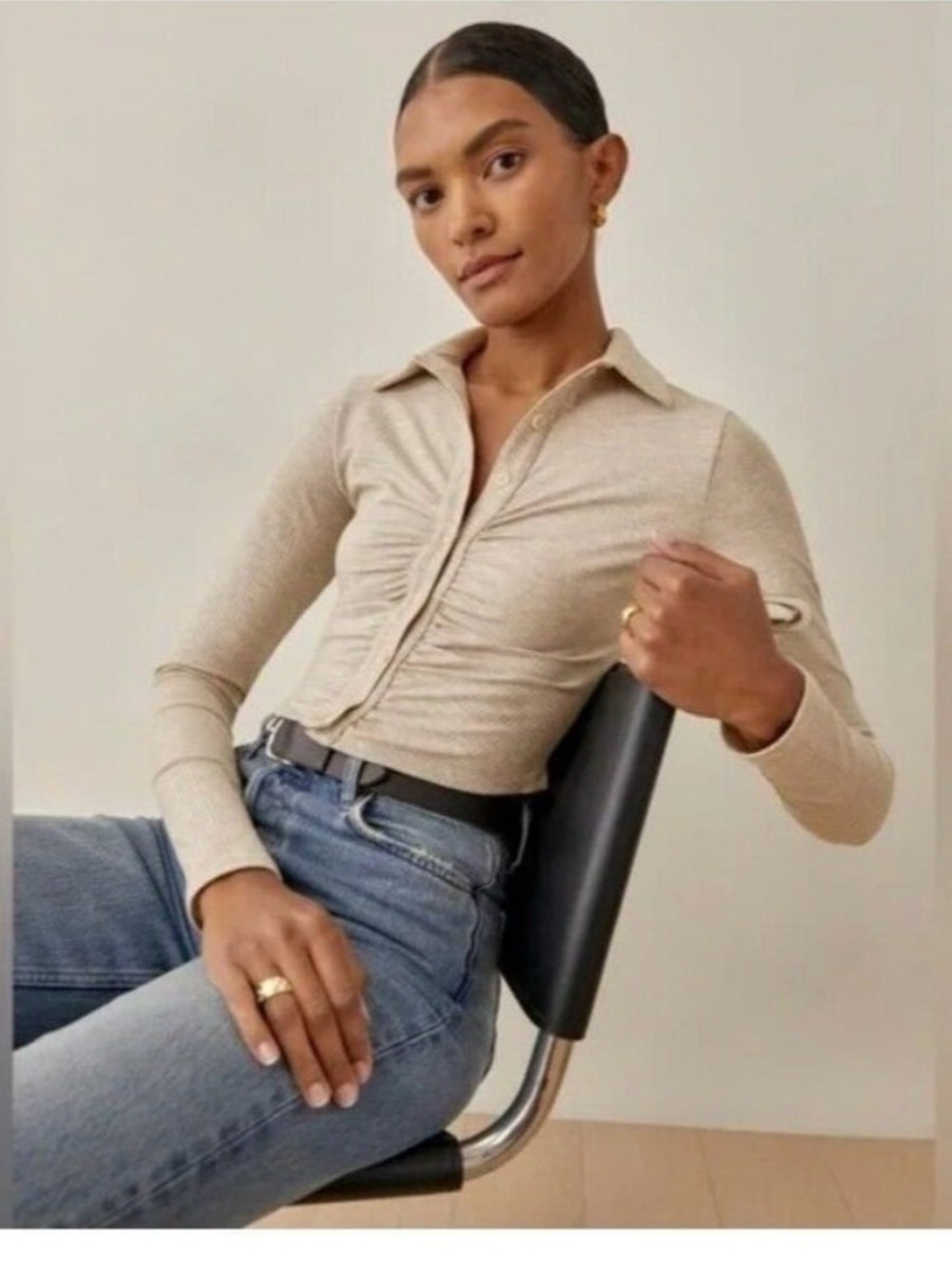 Reformation Elin Knit Top Size gray Ribbed Crop Long Sleeve Button Up